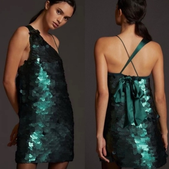 213. Maeve by Anthropologie Green Sequin One Shoulder Bow Mini Dress Small - Picture 7 of 8